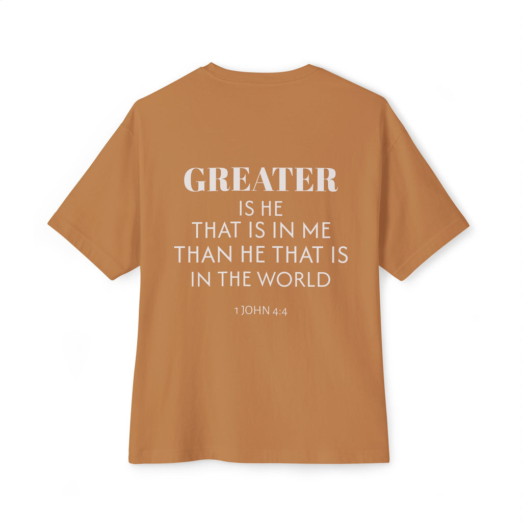 Greater is He Tee — Oversized Boxy T-Shirt (M&T Logo)