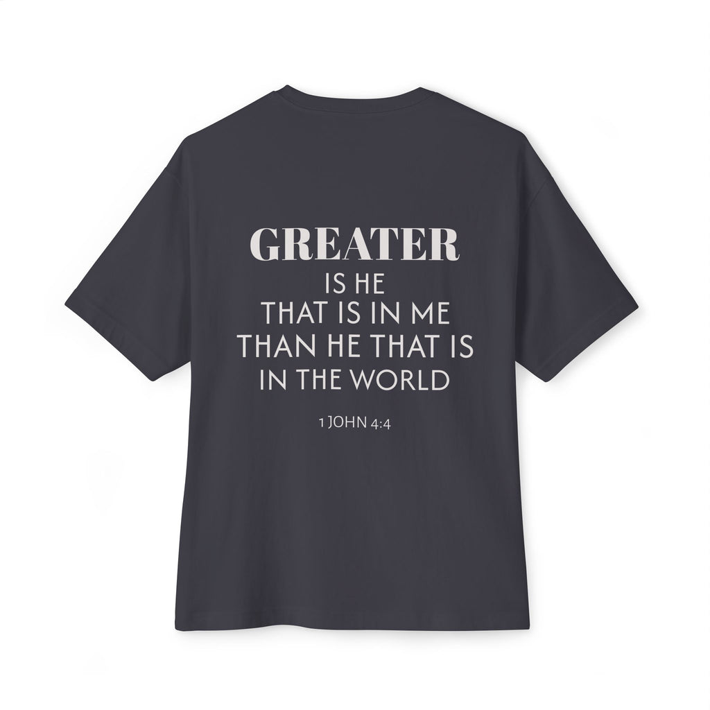 Greater is He Tee — Oversized Boxy T-Shirt (M&T Logo)