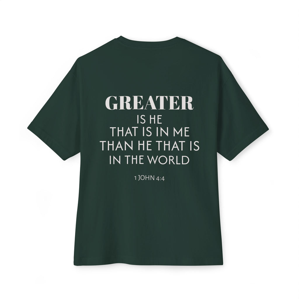 Greater is He Tee — Oversized Boxy T-Shirt (M&T Logo)