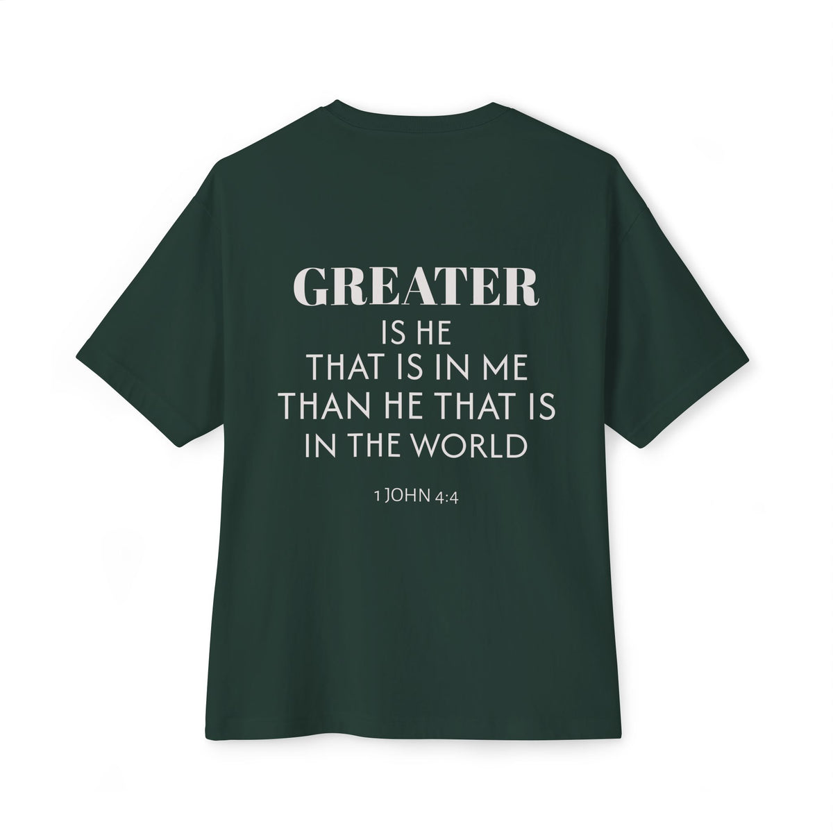Greater is He Tee — Oversized Boxy T-Shirt (M&T Logo)