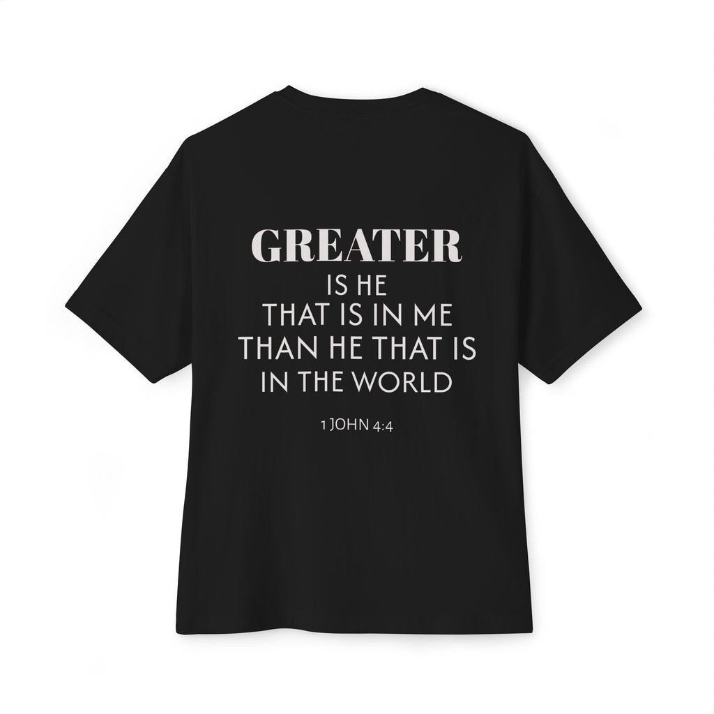 Greater is He Tee — Oversized Boxy T-Shirt (M&T Logo)