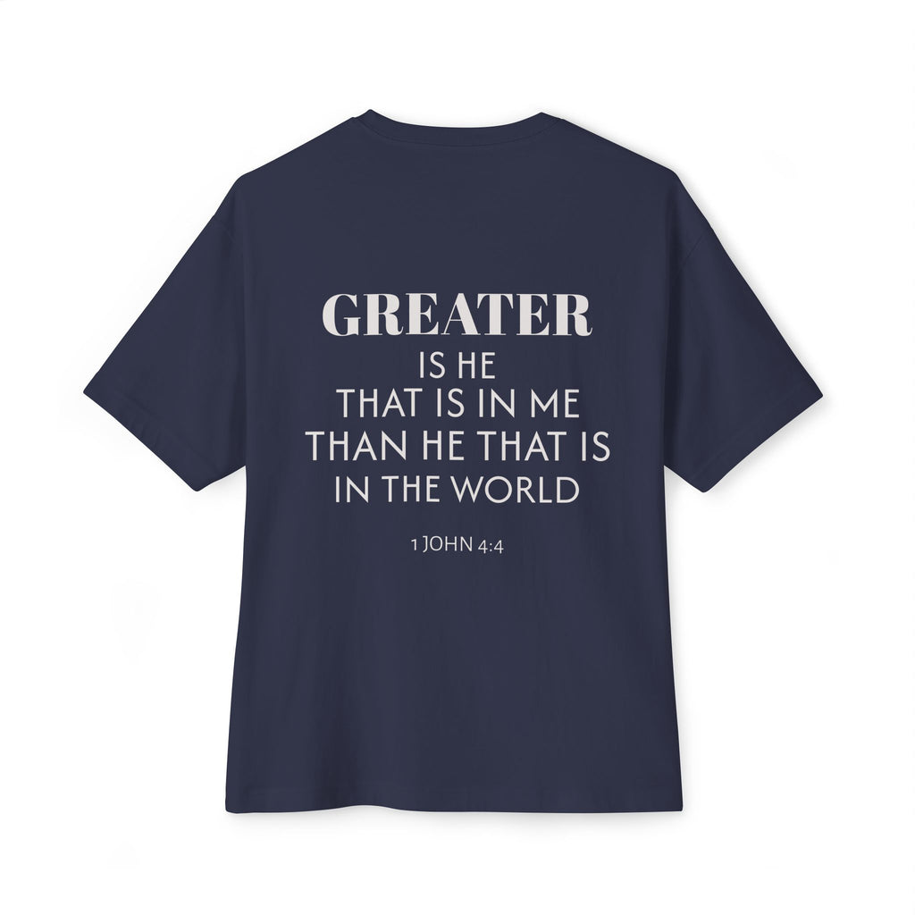 Greater is He Tee — Oversized Boxy T-Shirt (M&T Logo)